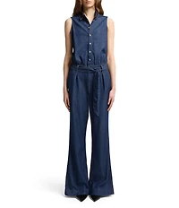 7 For All Mankind Weightless Point Collar Sleeveless Denim Pleated Wide Leg Jumpsuit