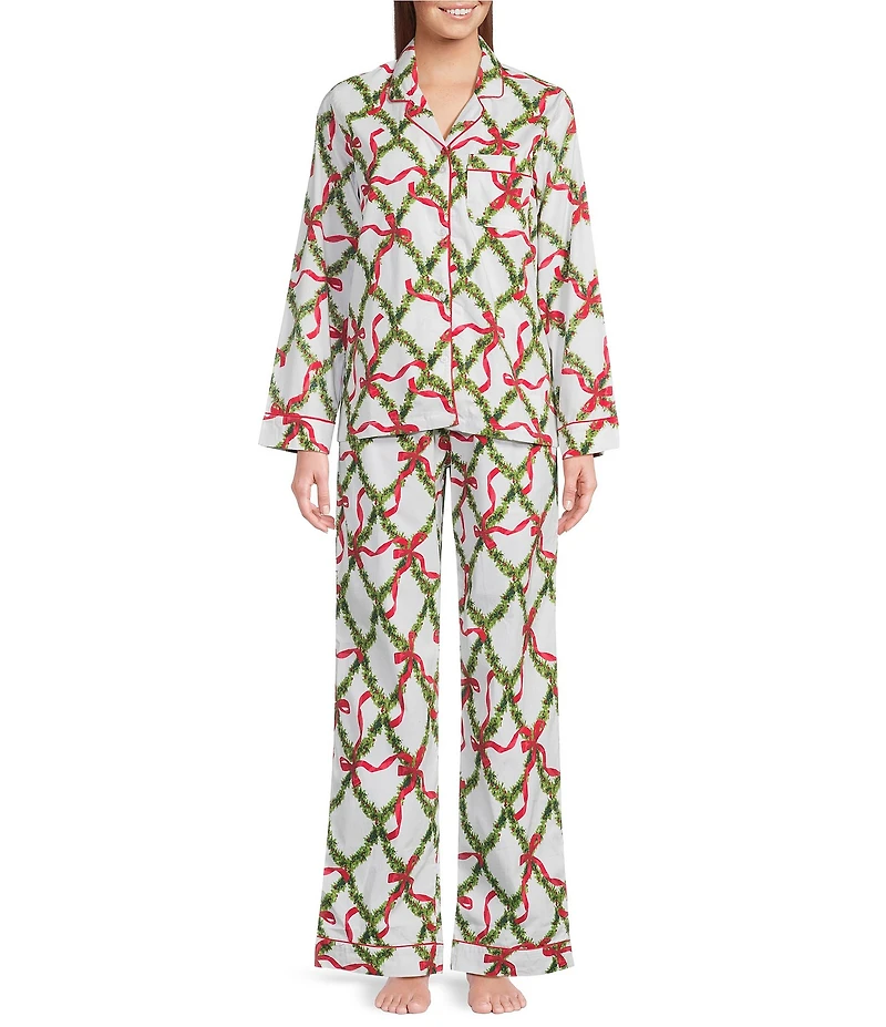 8 Oak Lane Long Sleeve Notch Collar Garland Print Flannel Long Holiday Pajama Set
