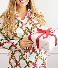 8 Oak Lane Long Sleeve Notch Collar Garland Print Flannel Long Holiday Pajama Set