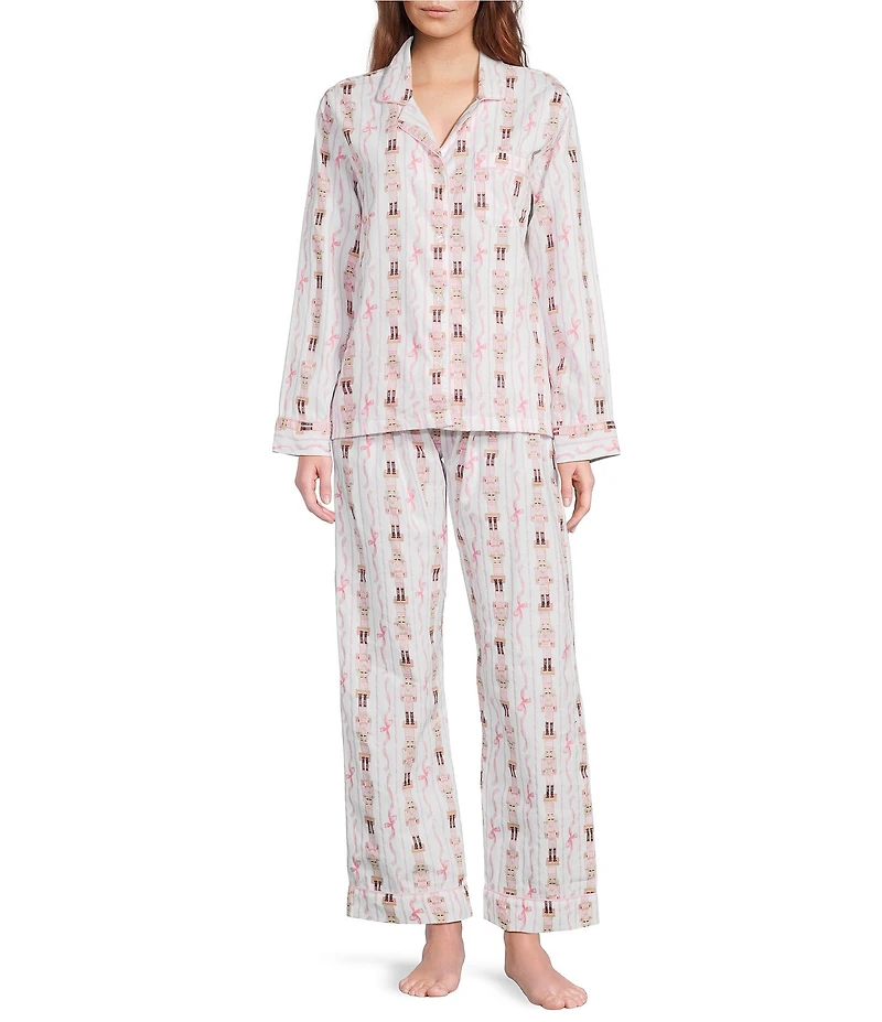 8 Oak Lane Long Sleeve Notch Collar Nutcracker Ribbon Print Long Flannel Holiday Pajama Set
