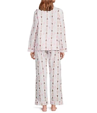 8 Oak Lane Long Sleeve Notch Collar Nutcracker Ribbon Print Long Flannel Holiday Pajama Set