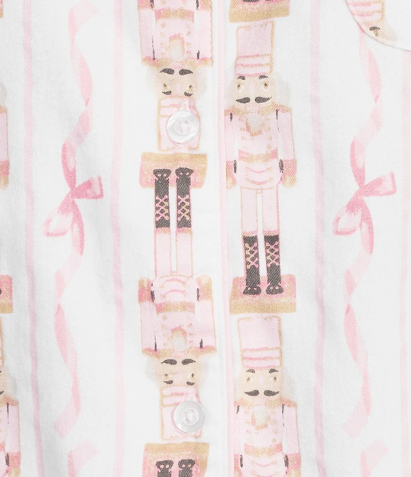 8 Oak Lane Long Sleeve Notch Collar Nutcracker Ribbon Print Long Flannel Holiday Pajama Set