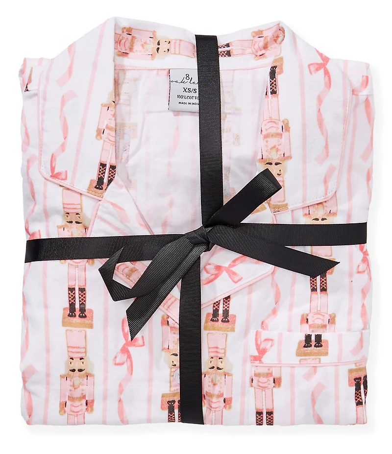 8 Oak Lane Long Sleeve Notch Collar Nutcracker Ribbon Print Long Flannel Holiday Pajama Set
