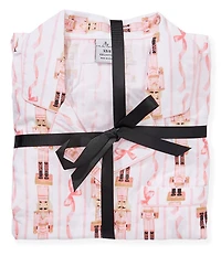 8 Oak Lane Long Sleeve Notch Collar Nutcracker Ribbon Print Long Flannel Holiday Pajama Set