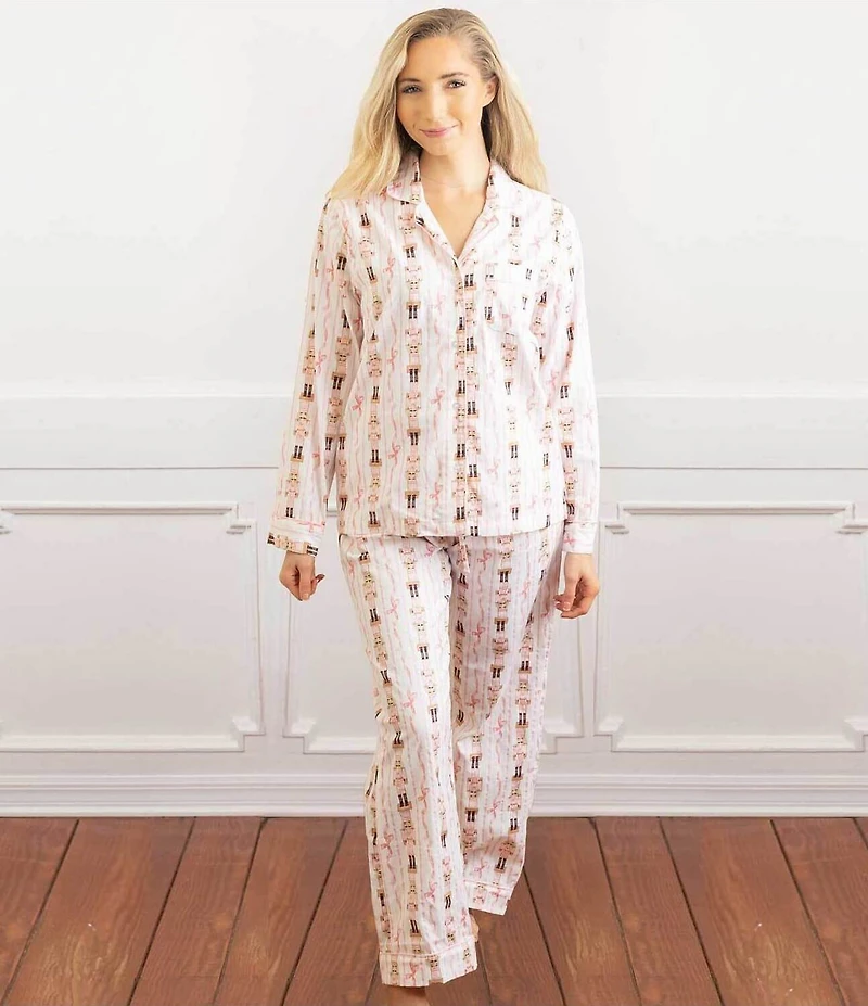 8 Oak Lane Long Sleeve Notch Collar Nutcracker Ribbon Print Long Flannel Holiday Pajama Set