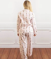 8 Oak Lane Long Sleeve Notch Collar Nutcracker Ribbon Print Long Flannel Holiday Pajama Set