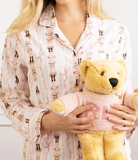 8 Oak Lane Long Sleeve Notch Collar Nutcracker Ribbon Print Long Flannel Holiday Pajama Set