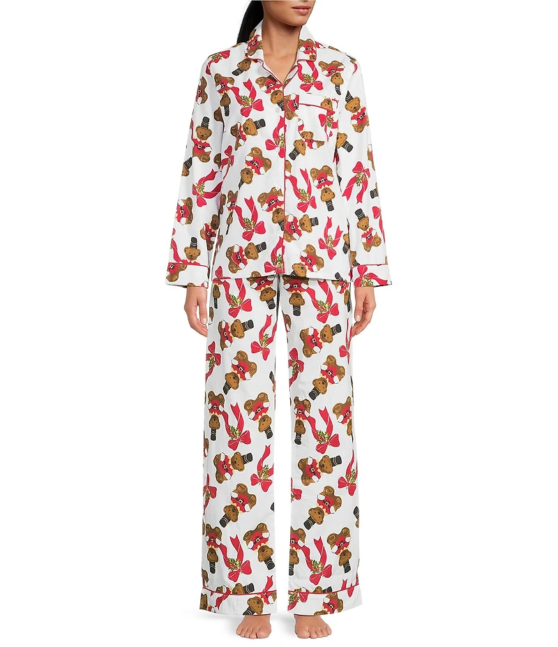 8 Oak Lane Long Sleeve Notch Collar Teddy Bear Print Long Flannel Holiday Pajama Set