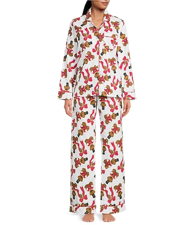 8 Oak Lane Long Sleeve Notch Collar Teddy Bear Print Long Flannel Holiday Pajama Set