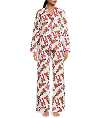 8 Oak Lane Long Sleeve Notch Collar Teddy Bear Print Long Flannel Holiday Pajama Set