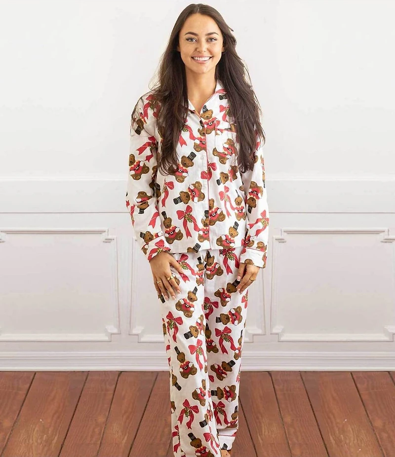 8 Oak Lane Long Sleeve Notch Collar Teddy Bear Print Long Flannel Holiday Pajama Set