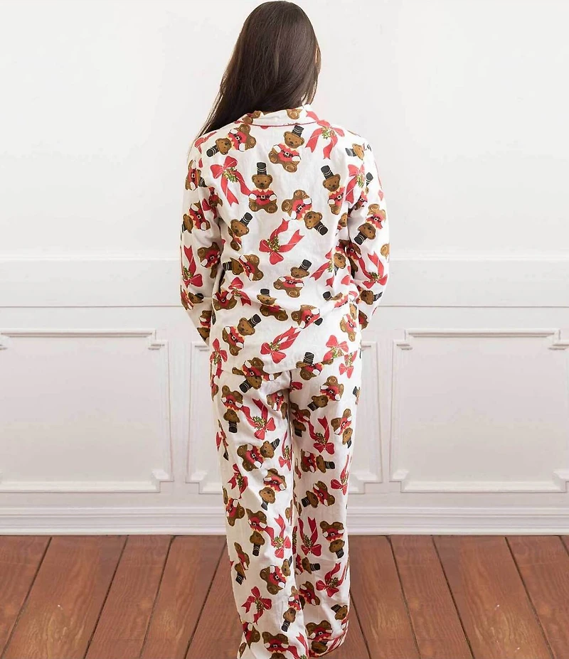 8 Oak Lane Long Sleeve Notch Collar Teddy Bear Print Long Flannel Holiday Pajama Set