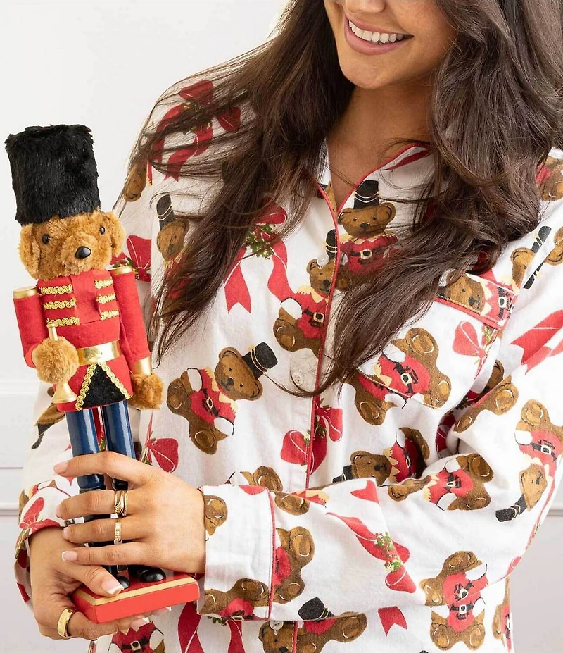 8 Oak Lane Long Sleeve Notch Collar Teddy Bear Print Long Flannel Holiday Pajama Set