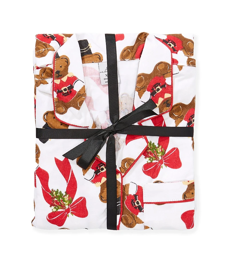 8 Oak Lane Long Sleeve Notch Collar Teddy Bear Print Long Flannel Holiday Pajama Set