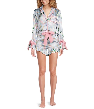 8 Oak Lane Long Sleeve Satin Champagne Bow Striped Print Shorty Pajama Set