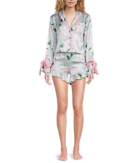 8 Oak Lane Long Sleeve Satin Champagne Bow Striped Print Shorty Pajama Set