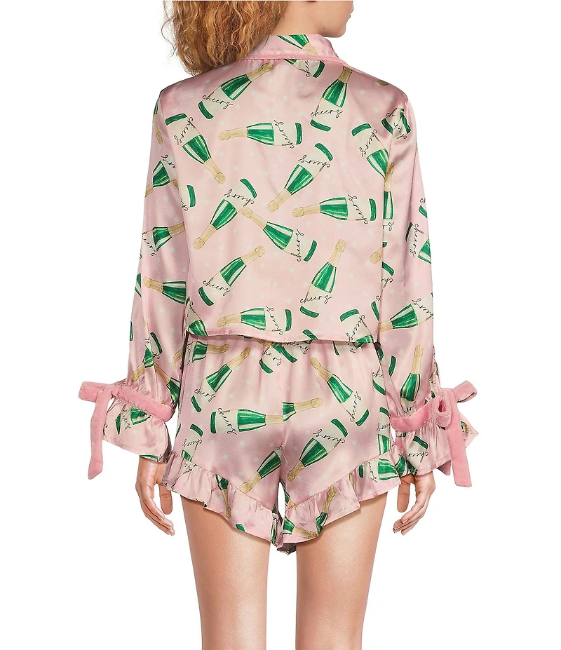 8 Oak Lane Long Sleeve Satin Champagne Print Shorty Bow Pajama Set