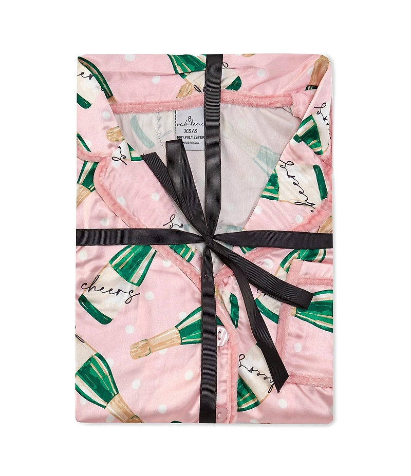 8 Oak Lane Long Sleeve Satin Champagne Print Shorty Bow Pajama Set