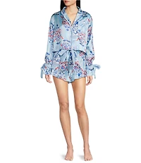 8 Oak Lane Long Sleeve Satin Ginger Jar Stripe Print Shorty Velvet Bow Holiday Pajama Set