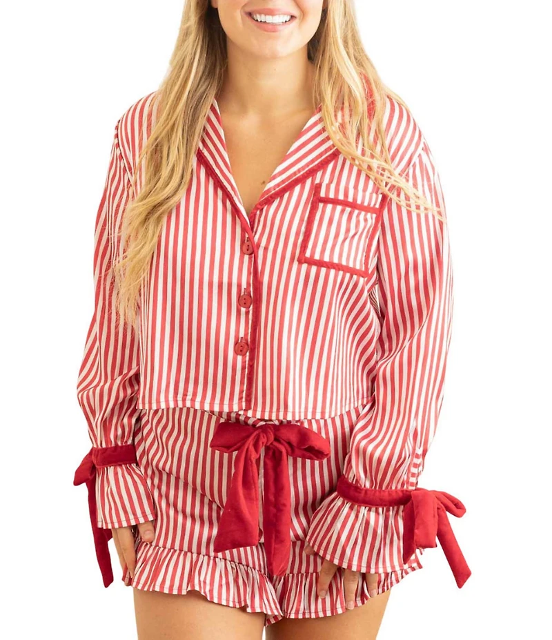 8 Oak Lane Long Sleeve Satin Striped Shorty Bow Holiday Pajama Set