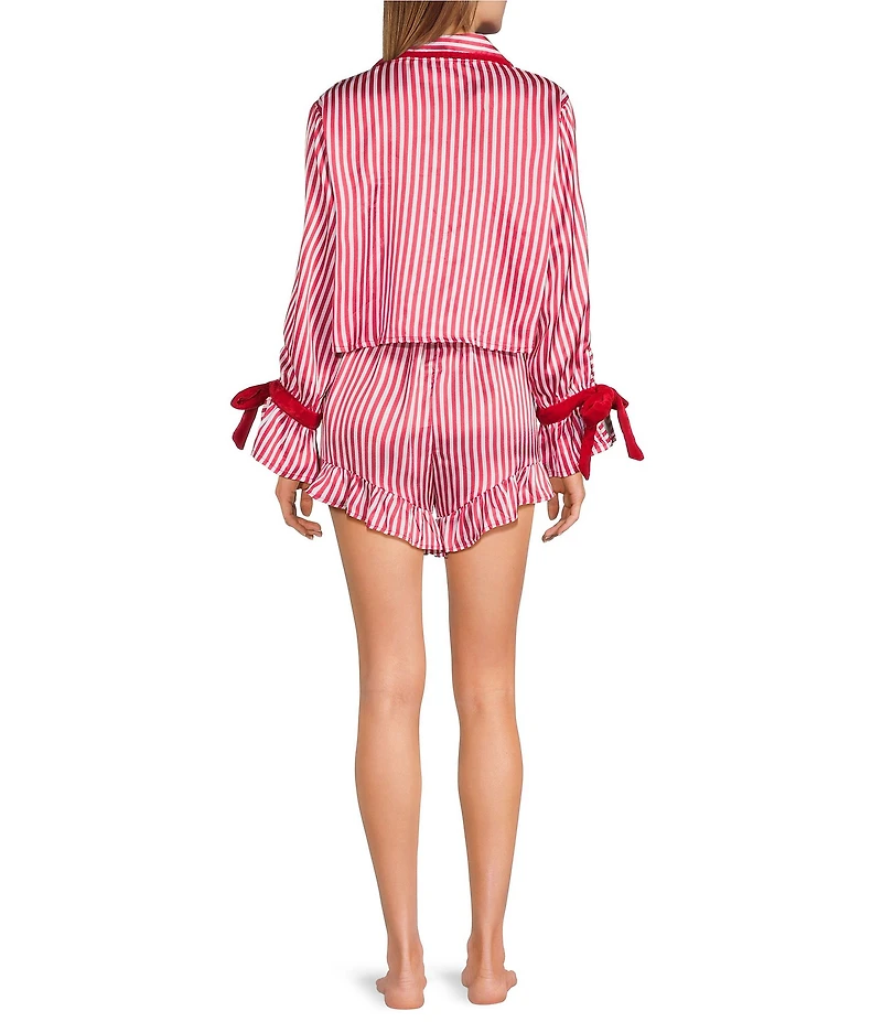 8 Oak Lane Long Sleeve Satin Striped Shorty Bow Holiday Pajama Set