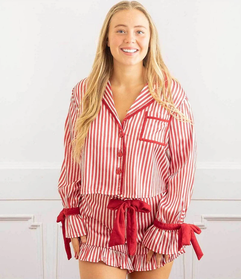 8 Oak Lane Long Sleeve Satin Striped Shorty Bow Holiday Pajama Set