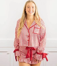 8 Oak Lane Long Sleeve Satin Striped Shorty Bow Holiday Pajama Set