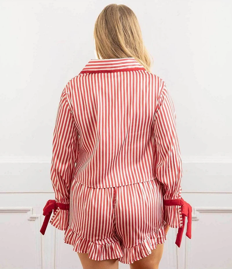 8 Oak Lane Long Sleeve Satin Striped Shorty Bow Holiday Pajama Set
