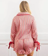 8 Oak Lane Long Sleeve Satin Striped Shorty Bow Holiday Pajama Set