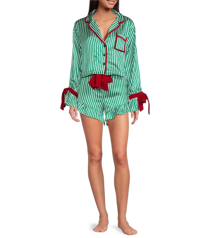 8 Oak Lane Long Sleeve Satin Striped Shorty Bow Holiday Pajama Set