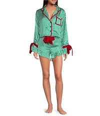 8 Oak Lane Long Sleeve Satin Striped Shorty Bow Holiday Pajama Set