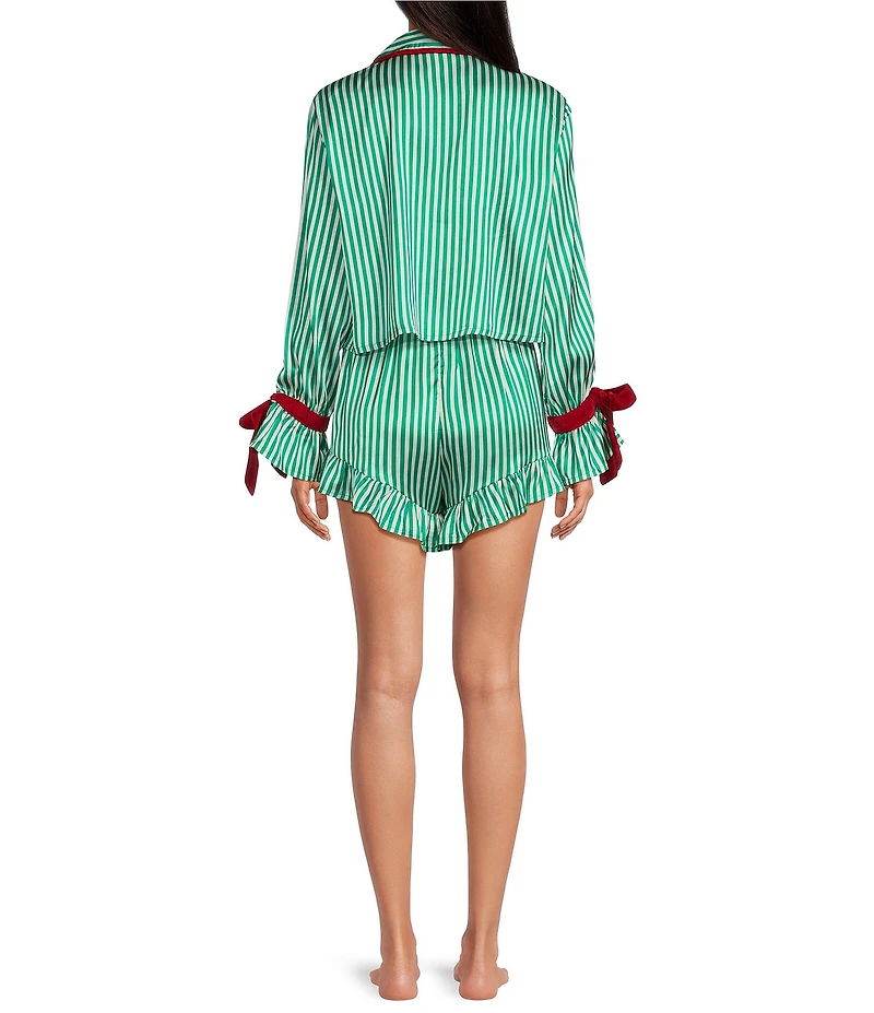 8 Oak Lane Long Sleeve Satin Striped Shorty Bow Holiday Pajama Set