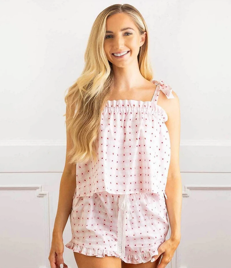 8 Oak Lane Sleeveless Tie Top Woven Berry Gingham Print Shorty Pajama Set