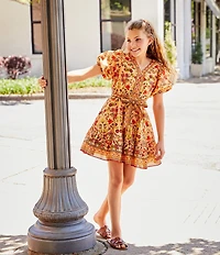 A Loves A Big Girls Floral Print Puff Sleeve Wrap Dress