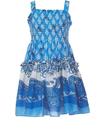 A Loves A Big Girls Cobalt Floral Print Sleeveless Smocked Dress