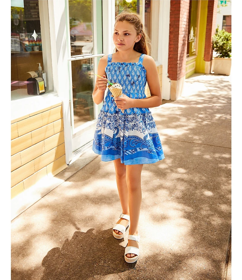 A Loves A Big Girls Cobalt Floral Print Sleeveless Smocked Dress