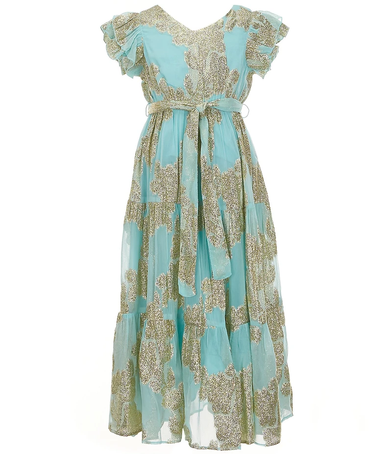 A Loves A Big Girls Ruffle Cap Sleeve Lurex Jacquard Dress