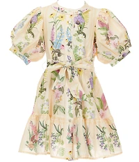 A Loves A Big Girls Bubble Sleeve Floral Print Tie Front Dress