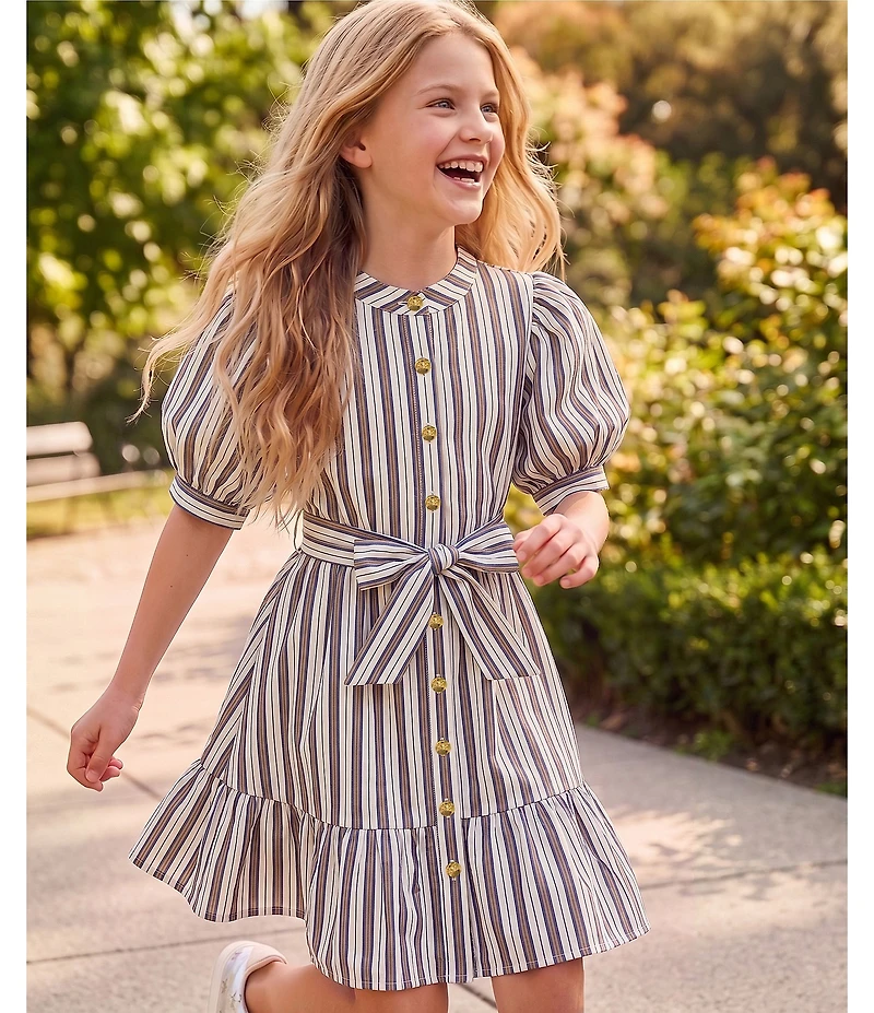A Loves A Big Girls Bubble Sleeve Pinstripe Tie Front Dress