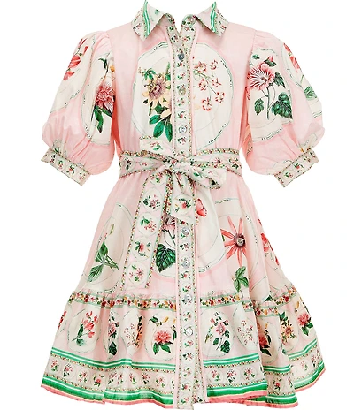 A Loves A Big Girls Iris Placement Print Cotton Button Front Cap Sleeve A-Line Dress