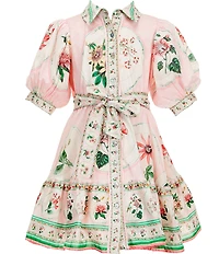 A Loves A Big Girls Iris Placement Print Cotton Button Front Cap Sleeve A-Line Dress