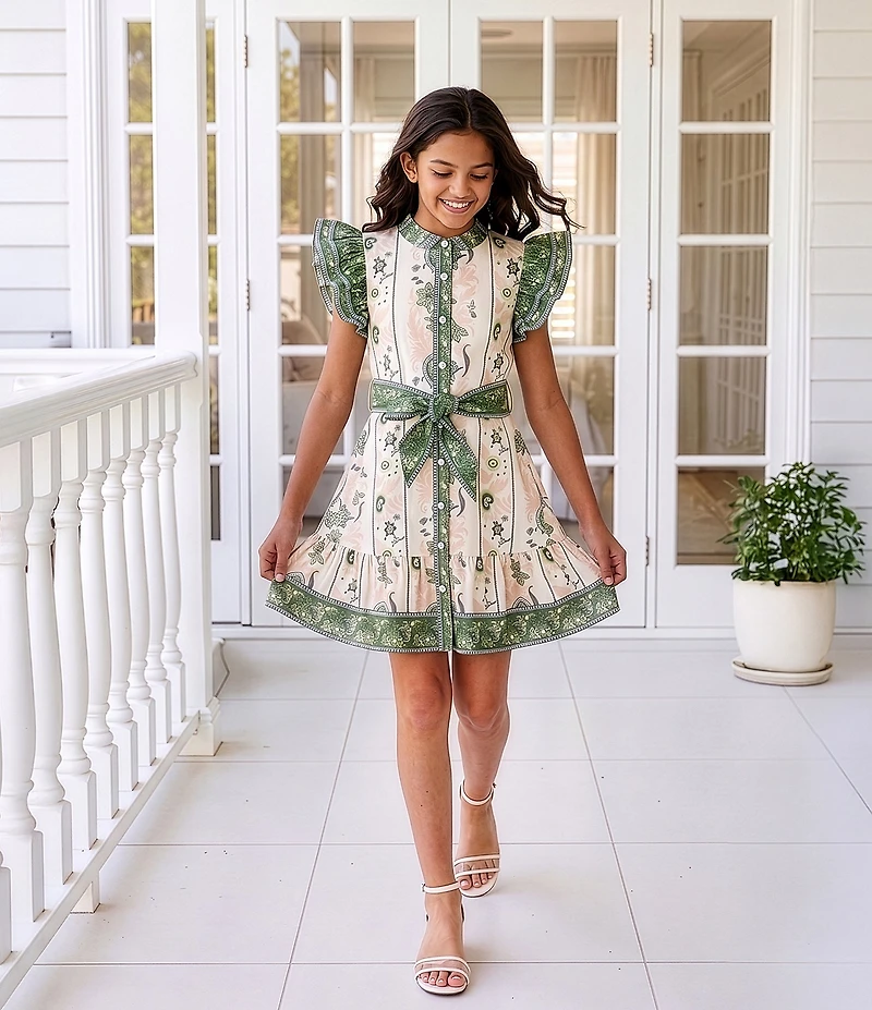 A Loves A Big Girls Ruffle Sleeve Floral Print Tie Front Dress