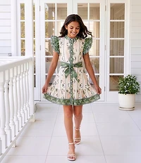A Loves A Big Girls Ruffle Sleeve Floral Print Tie Front Dress