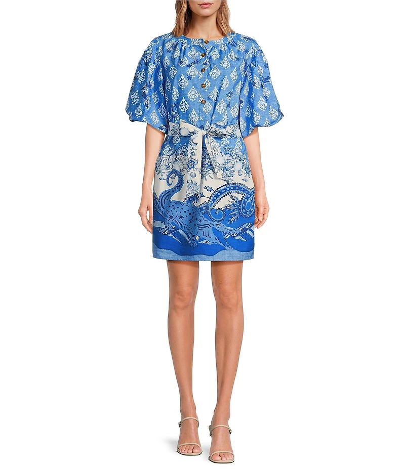 A Loves A Border Print Mandarin Collar Short Bubble Sleeve Button Front Tie At Waist Sheath Mini Dress