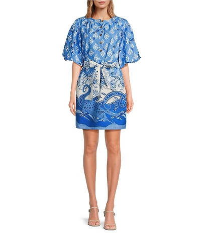 A Loves A Border Print Mandarin Collar Short Bubble Sleeve Button Front Tie At Waist Sheath Mini Dress