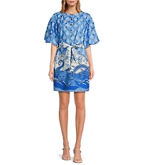 A Loves A Border Print Mandarin Collar Short Bubble Sleeve Button Front Tie At Waist Sheath Mini Dress