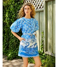 A Loves A Border Print Mandarin Collar Short Bubble Sleeve Button Front Tie At Waist Sheath Mini Dress