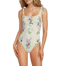 A Loves A Botanical Frames Reversible Tie Shoulder Bandeau One Piece Swimsuit