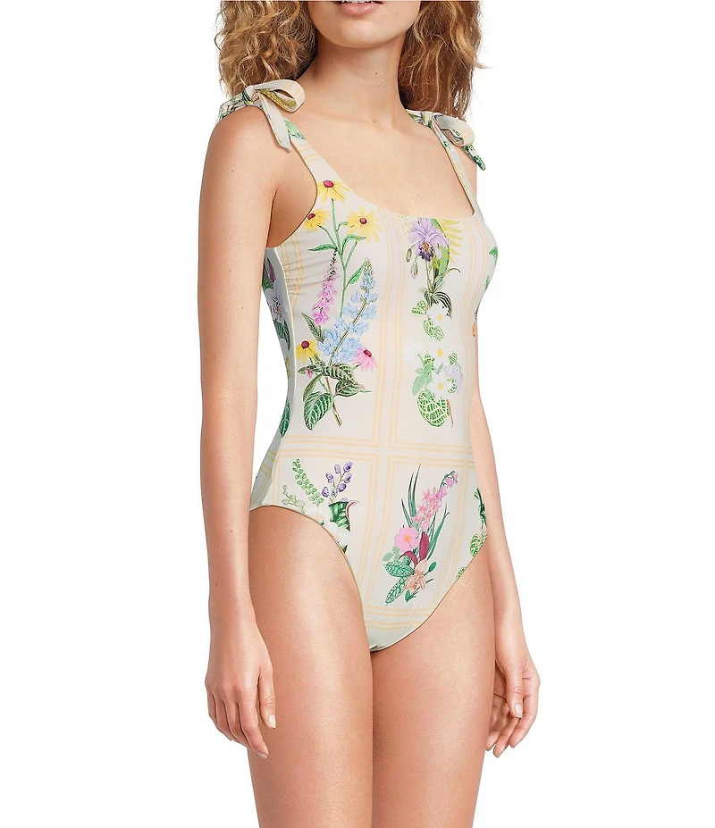 A Loves A Botanical Frames Reversible Tie Shoulder Bandeau One Piece Swimsuit