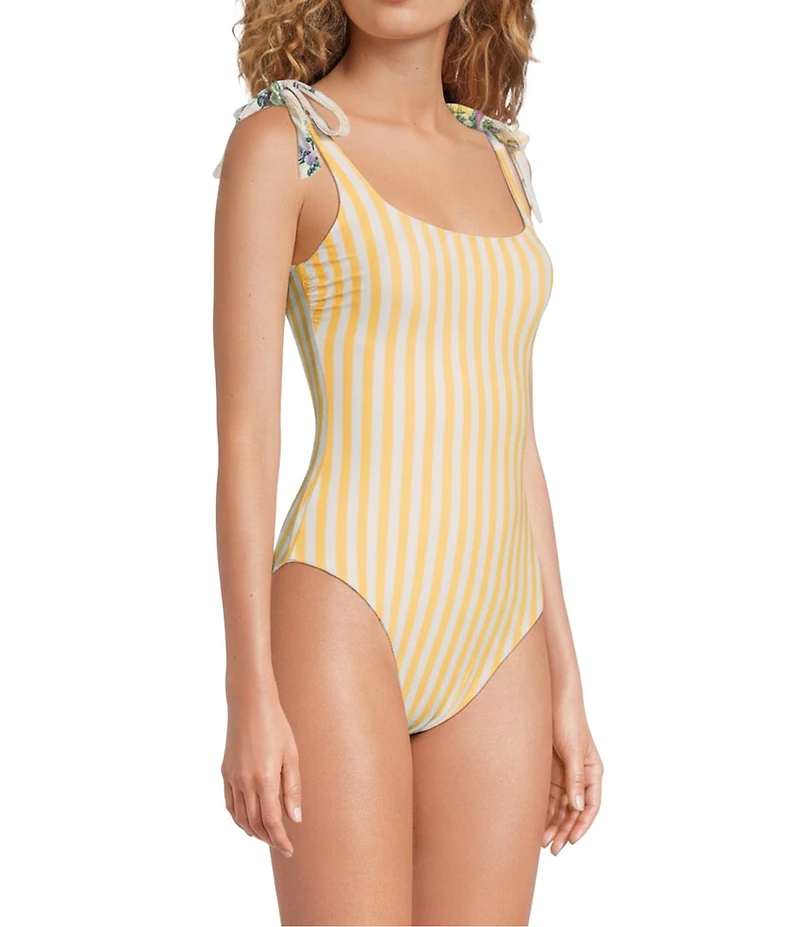 A Loves A Botanical Frames Reversible Tie Shoulder Bandeau One Piece Swimsuit